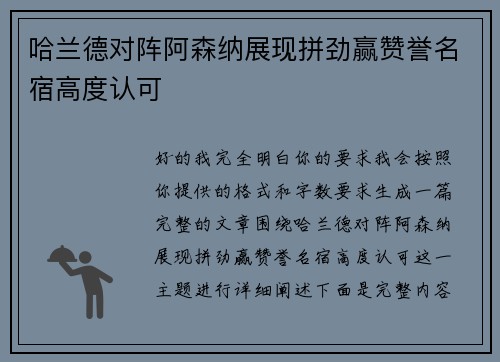 哈兰德对阵阿森纳展现拼劲赢赞誉名宿高度认可