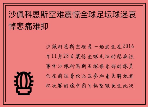 沙佩科恩斯空难震惊全球足坛球迷哀悼悲痛难抑