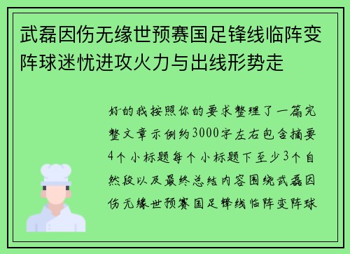 武磊因伤无缘世预赛国足锋线临阵变阵球迷忧进攻火力与出线形势走
