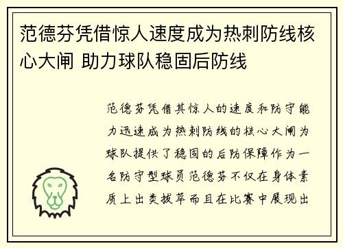 范德芬凭借惊人速度成为热刺防线核心大闸 助力球队稳固后防线